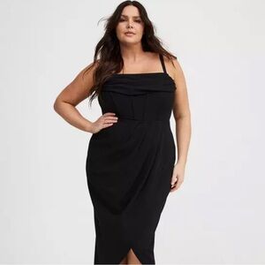 Torrid Black Draped Midi Dress with Tulip Hem